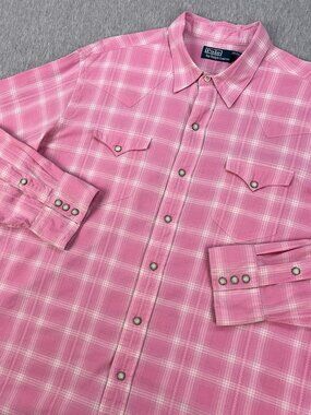 Vintage Polo Ralph Lauren Western Pearl Snap Shirt Mens XXL Pink Plaid Cotton
